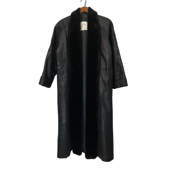 SOLD Vintage 1990s Black Leather Fur Collar Reptile Alligator Trench Coat - Picture 8 of 16